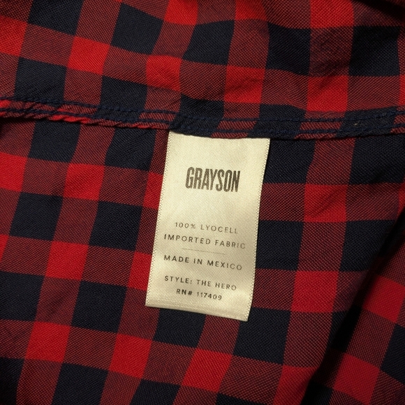 Grayson Red Checked Plaid Lyocell Lightweight V-Neck The Hero Button-Up Shirt LG - Picture 9 of 10